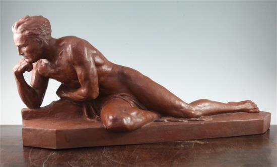 A French Art Deco terracotta figure of a male nude thinking, 30.5in.